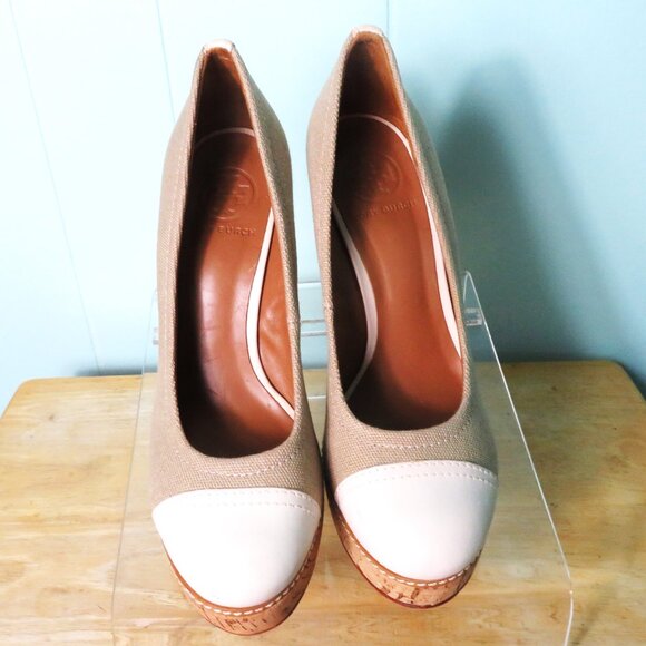 Tory Burch Shoes Wedge Heel Pumps Tan & Beige Leather & Cork Size 7 1/2 M - Picture 2 of 13